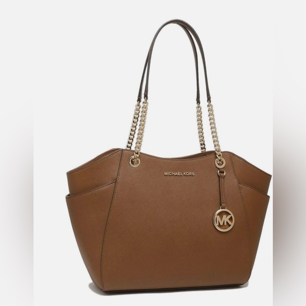 Michael Kors Brown Jet Set Travel Shoulder Gold Chain Leather Tote Bag